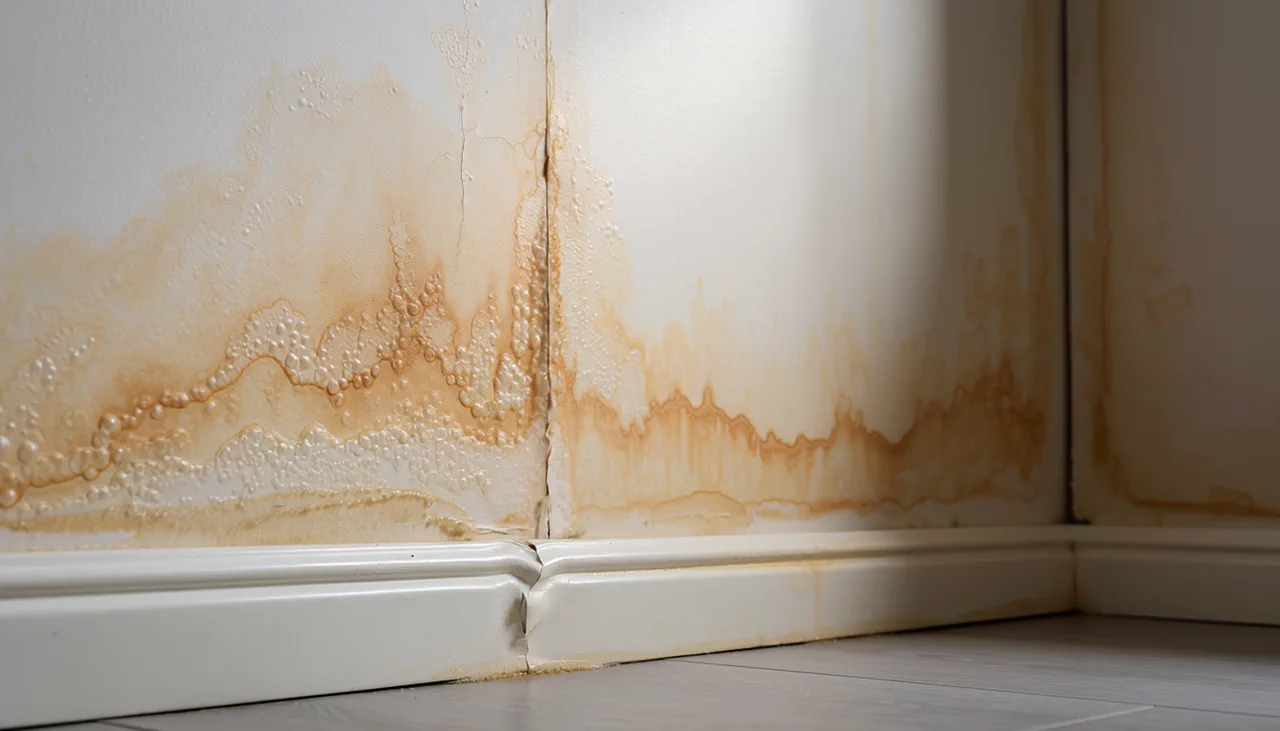 Water-damaged drywall and staining on an interior wall